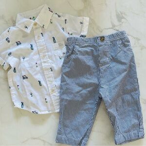 EUC Little Me Blue and White Woven Pant Set